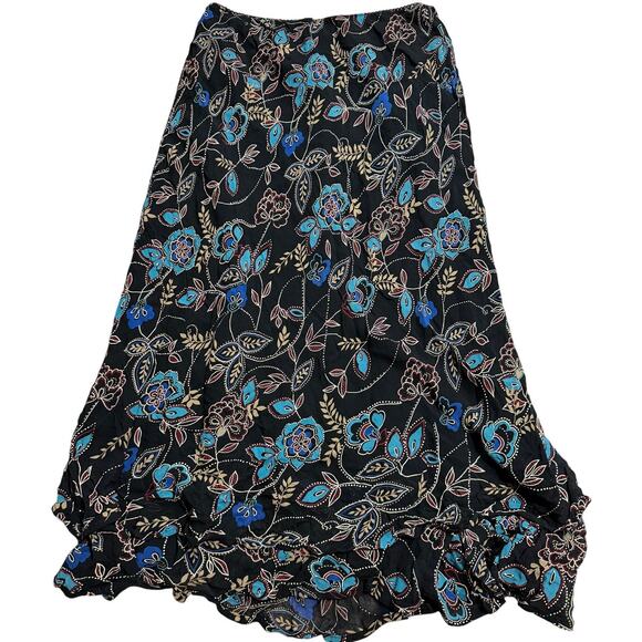 VTG Y2K Style & Co Midi Peasant Skirt Floral Ruffle Boho Flowy Sz 10P Black Blue - Picture 7 of 7